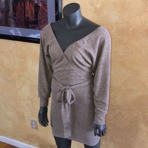 Champagne Gold Shimmery Long Sleeve Holiday Fitted Dress